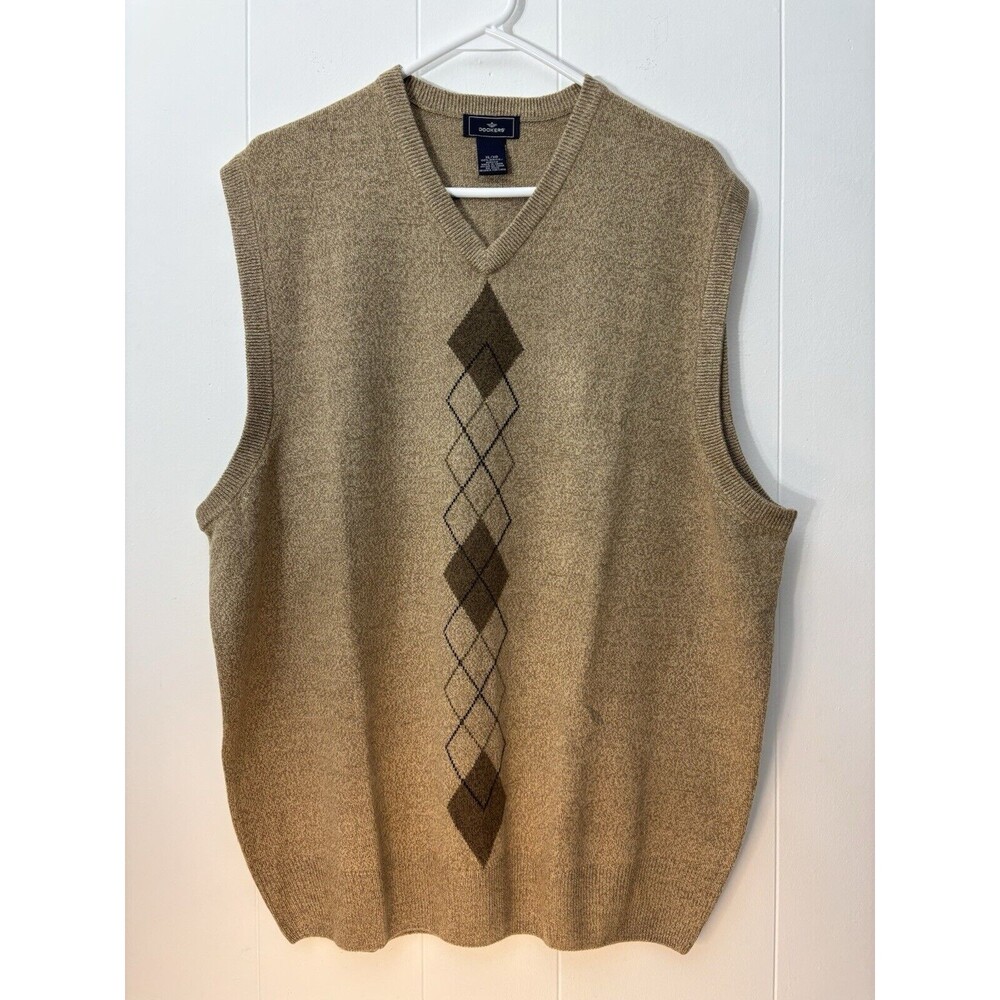 DOCKERS Sweater Vest Mens XL Pullover V-Neck Sleeveless Brown Knit Argyle